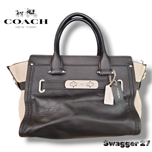 Coach Swagger 27 Black & Chalk Crossbody Satchel, Hang Tags & Original Crossbody - Picture 7 of 17